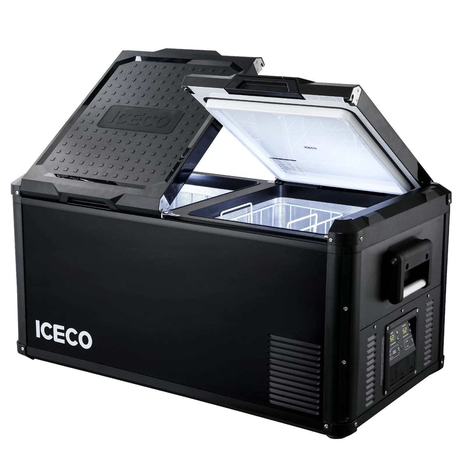 iceco vl90 prod 95 quarts(90l) dual zone portable refrigerator, multi directional lid, 12 volt refrigerator home & car use