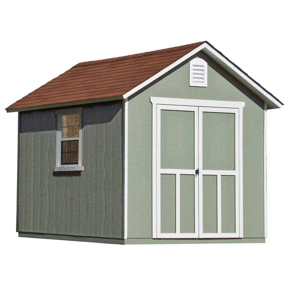 installed meridian 8 ft. x 10 ft. wood storage shed with autumn brown shingles