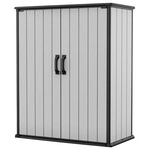 keter premier tall resin outdoor storage shed with shelving brackets for patio furniture, pool accessories, and bikes, grey & black
