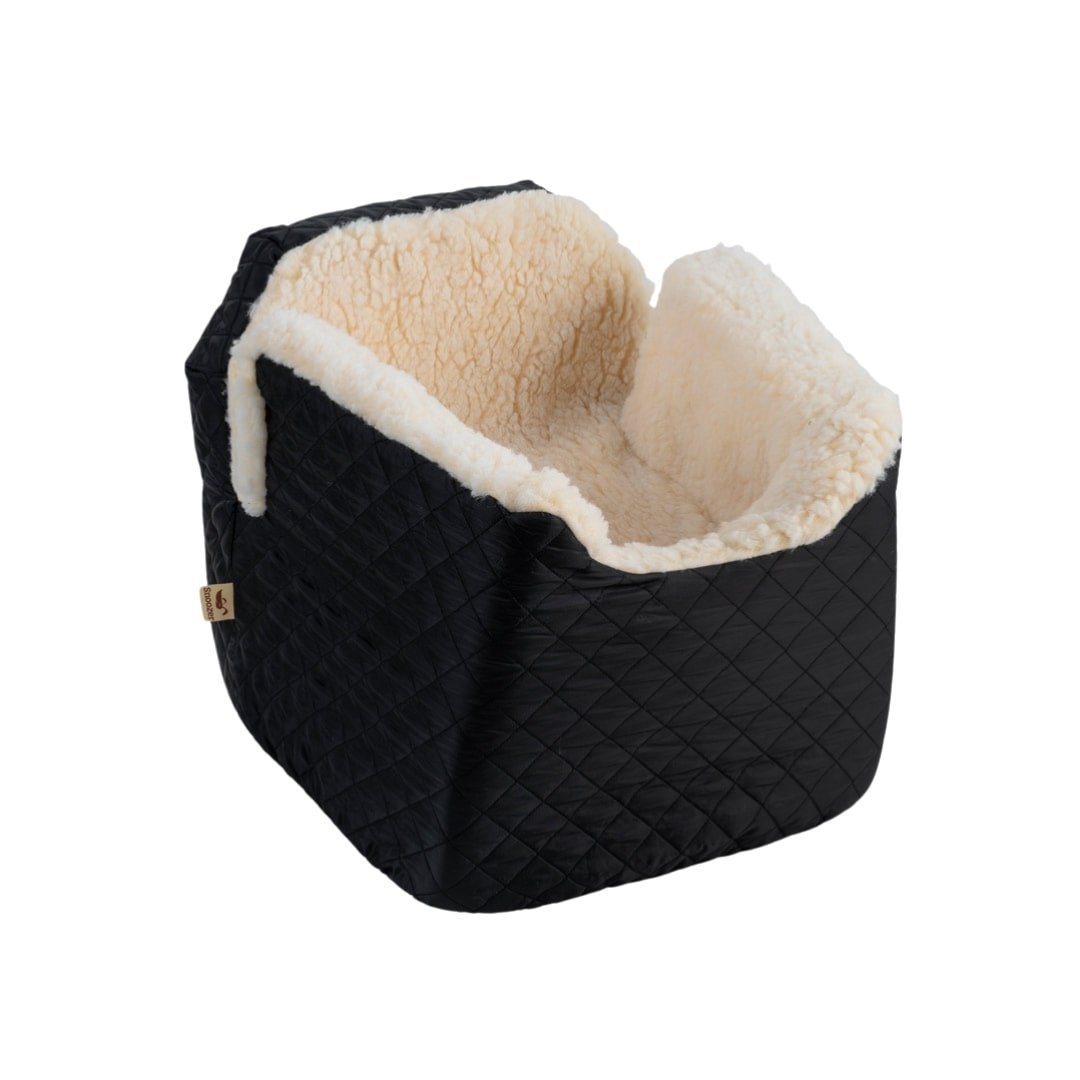 cozy sherpa lined pet car booster seat – quilted travel bed for small dogs & cats (black) cozy sherpa lined pet car booster seat – quilted travel bed for small dogs & cats (black)