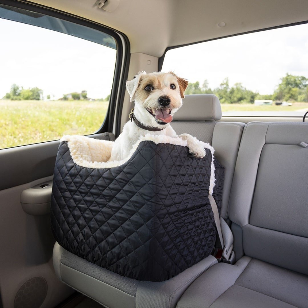 cozy sherpa lined pet car booster seat – quilted travel bed for small dogs & cats (black) cozy sherpa lined pet car booster seat – quilted travel bed for small dogs & cats (black)