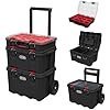 keter stack n roll modular tools organizer for garage storage and diy, 3 piece resin rolling tool box system for small parts, black