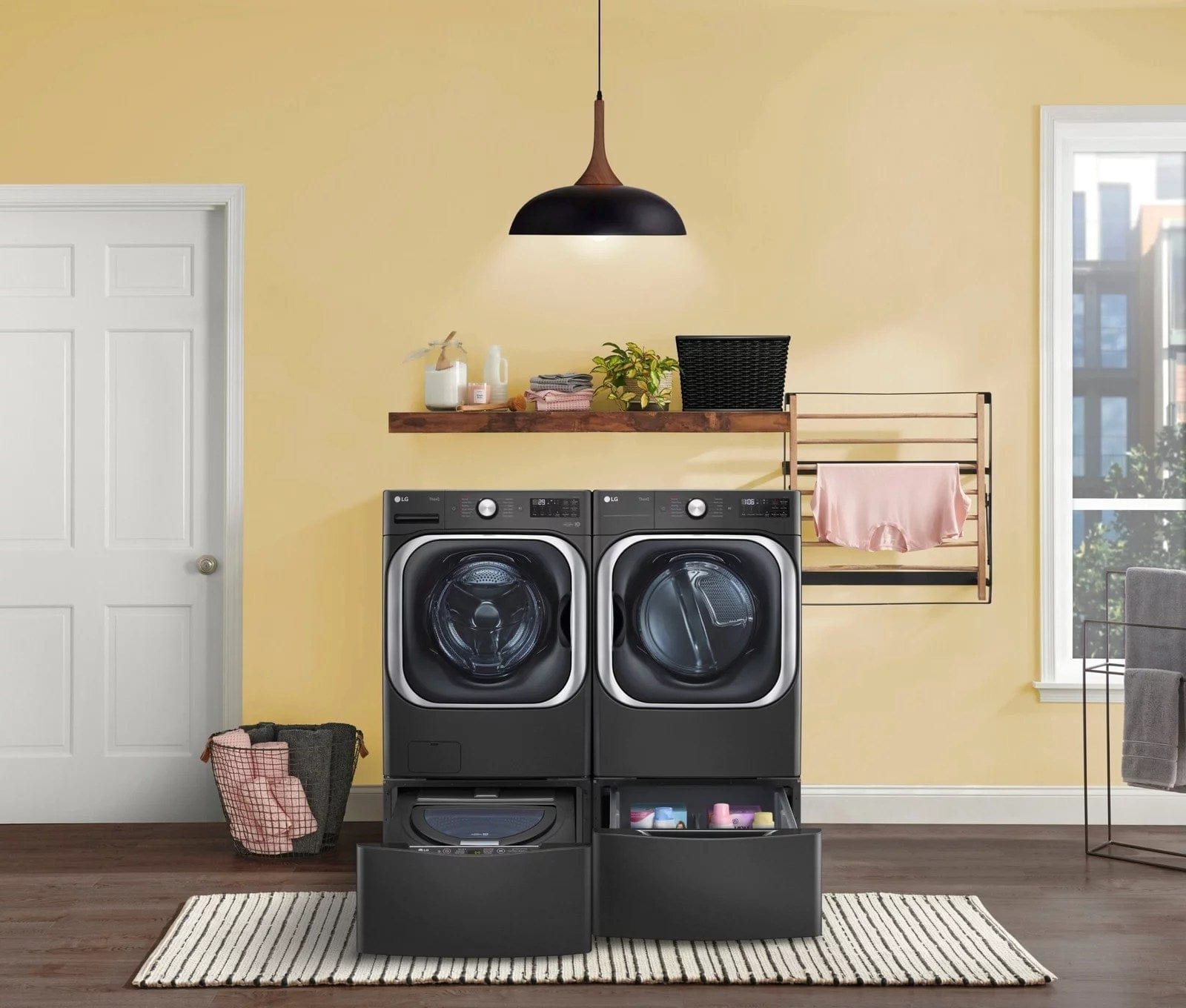 lg – sidekick 1.0 cu. ft. high efficiency smart top load pedestal washer with 3 motion technology – black steel lg – sidekick 1.0 cu. ft. high efficiency smart top load pedestal washer with 3 motion technology – black steel
