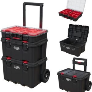 keter stack n roll modular tools organizer for garage storage and diy, 3 piece resin rolling tool box system for small parts, black