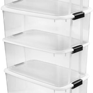 sterilite 4 pack ultra latching box, storage bins with lids, clear plastic, 116 quart heavy duty organizing containers for closet, bathroom, and office