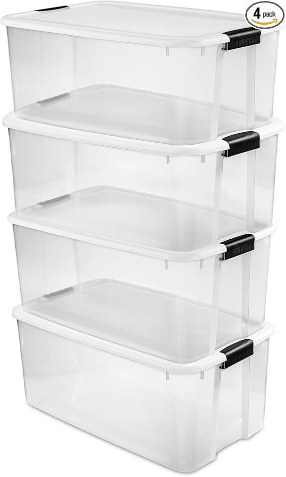 sterilite 4 pack ultra latching box, storage bins with lids, clear plastic, 116 quart heavy duty organizing containers for closet, bathroom, and office sterilite 4 pack ultra latching box, storage bins with lids, clear plastic, 116 quart heavy duty organizing containers for closet, bathroom, and office