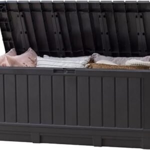 keter kentwood 92 gallon resin deck box organization and storage for patio furniture outdoor cushions, throw pillows, garden tools and pool floats, dark grey