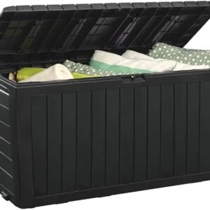 keter marvel plus 71 gallon resin deck box organization and storage for patio furniture outdoor cushions, throw pillows, garden tools and pool toys, dark grey