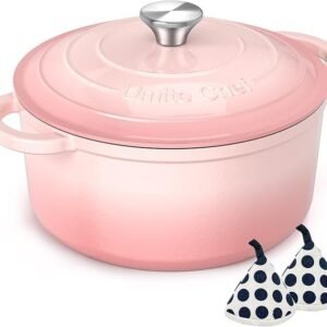 umite chef 5qt enameled cast iron dutch oven pot with lid, heavy duty cookware for bread baking, braising, stews, roasting, wedding registry ideas & gifts (pink)