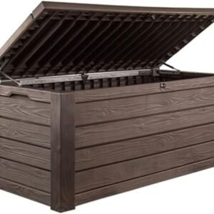 keter westwood 150 gallon deck box organizer, doubles as 2 person bench seat, brown – large resin outdoor storage and seating with lockable lid for garden, pool, and patio