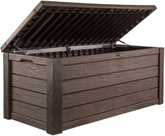 keter westwood 150 gallon deck box organizer, doubles as 2 person bench seat, brown – large resin outdoor storage and seating with lockable lid for garden, pool, and patio keter westwood 150 gallon deck box organizer, doubles as 2 person bench seat, brown – large resin outdoor storage and seating with lockable lid for garden, pool, and patio