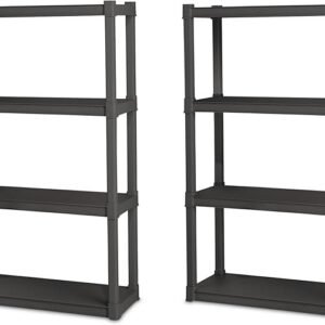 sterilite 2 pack 4 shelf unit, heavy duty shelving storage and utility rack standing plastic organizer shelves for kitchen, bathroom, and garage