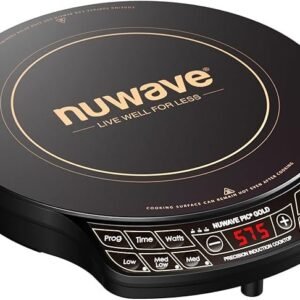 nuwave precision induction cooktop gold, 12” shatter proof ceramic glass surface, large 8” heating coil, portable, 51temp settings 100°f to 575°f, 3 wattage settings 600, 900, and 1500 watts