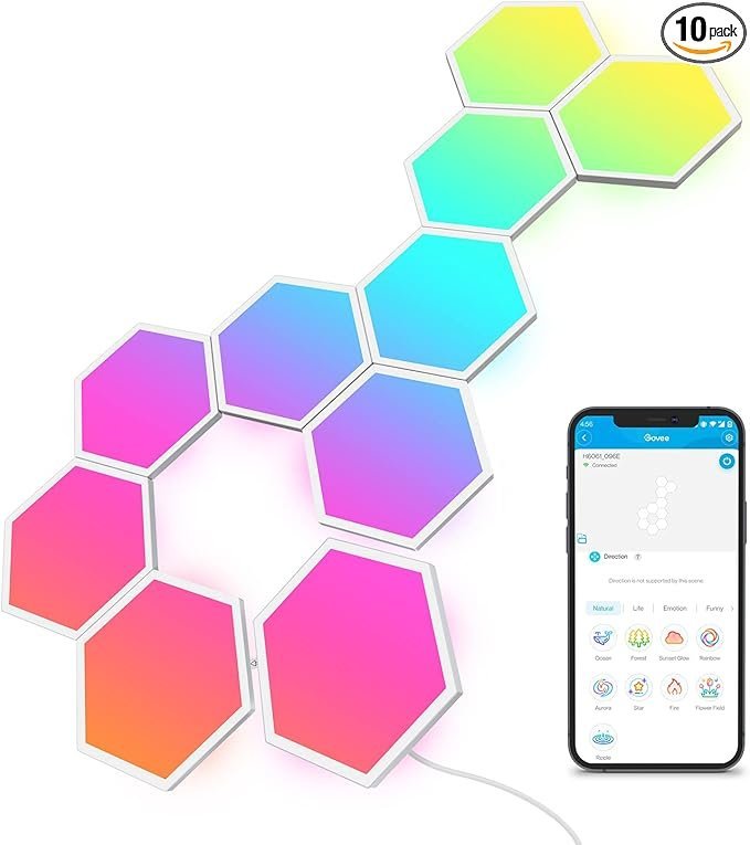 govee glide hexa light panels, rgbic hexagon led wall lights, wi fi smart home creative wall lights with music sync, works with alexa google assistant for indoor gaming decor, 10 pack govee glide hexa light panels, rgbic hexagon led wall lights, wi fi smart home creative wall lights with music sync, works with alexa google assistant for indoor gaming decor, 10 pack