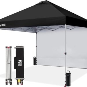 crown shades 10x10 pop up canopy with 1 side wall beach tent with one push setup outdoor sun shade for events, parties, camping gazebo with sto n go cover bag (black)
