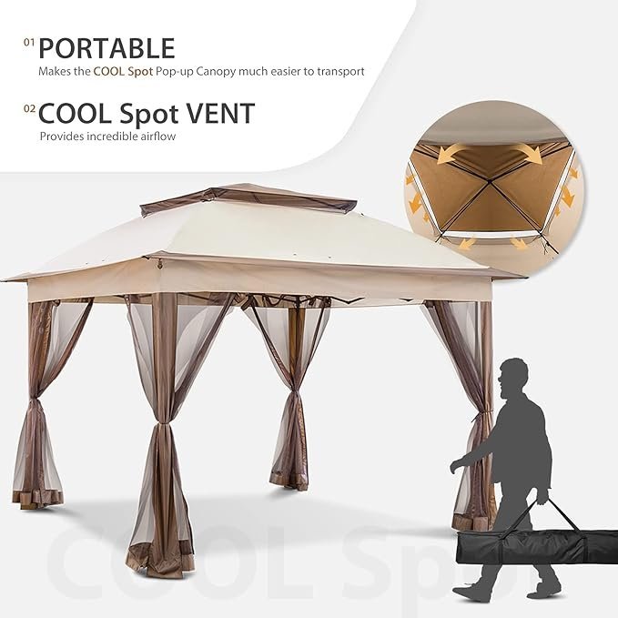 coos bay 11x11 pop up gazebo with mesh netting, instant outdoor canopy tent, water resistant shelter with upf 50+ uv protection, 121 sq ft coverage, beige coos bay 11x11 pop up gazebo with mesh netting, instant outdoor canopy tent, water resistant shelter with upf 50+ uv protection, 121 sq ft coverage, beige