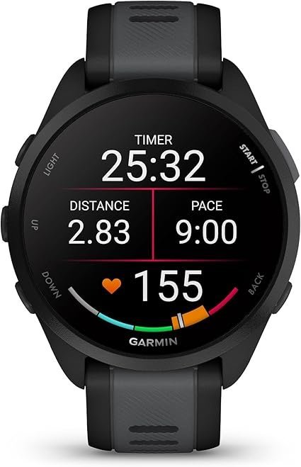 garmin forerunner 165, running smartwatch, colorful amoled display, training metrics and recovery insights, black garmin forerunner 165, running smartwatch, colorful amoled display, training metrics and recovery insights, black