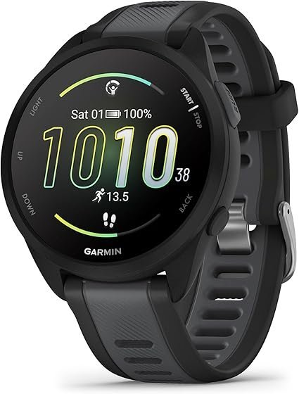 garmin forerunner 165, running smartwatch, colorful amoled display, training metrics and recovery insights, black garmin forerunner 165, running smartwatch, colorful amoled display, training metrics and recovery insights, black