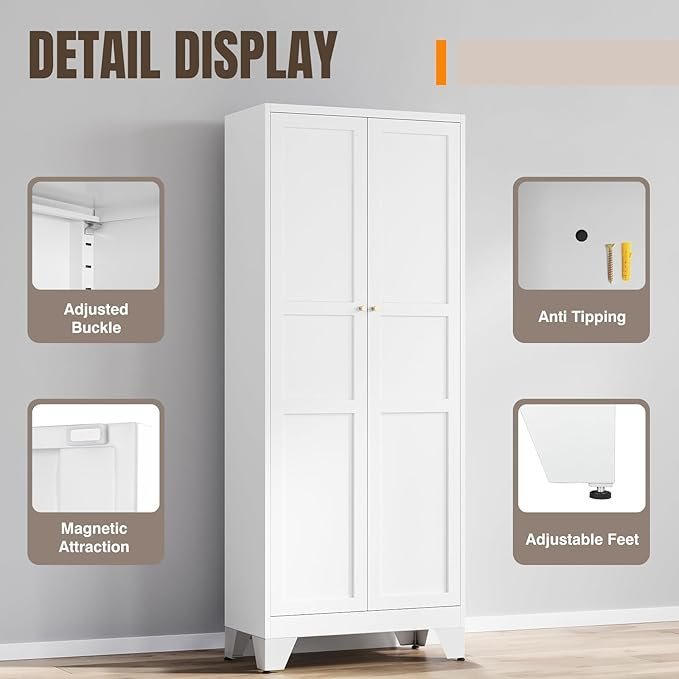 yizosh metal pantry cabinet, 75" kitchen pantry with 2 door and 4 adjustable shelves,white metal pantry storage cabinet,cupboard for kitchen,dining room,living room and bathroom yizosh metal pantry cabinet, 75" kitchen pantry with 2 door and 4 adjustable shelves,white metal pantry storage cabinet,cupboard for kitchen,dining room,living room and bathroom