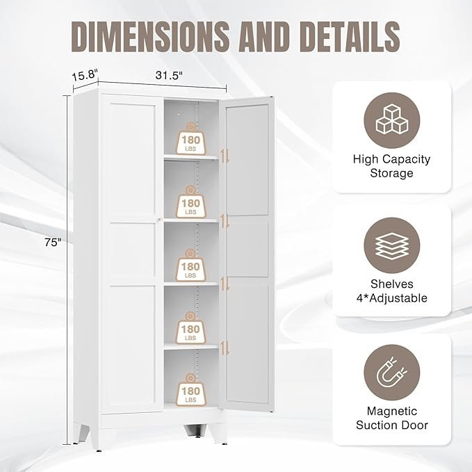 yizosh metal pantry cabinet, 75" kitchen pantry with 2 door and 4 adjustable shelves,white metal pantry storage cabinet,cupboard for kitchen,dining room,living room and bathroom yizosh metal pantry cabinet, 75" kitchen pantry with 2 door and 4 adjustable shelves,white metal pantry storage cabinet,cupboard for kitchen,dining room,living room and bathroom