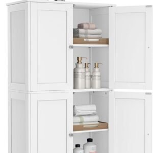 vasagle floor storage cabinet, shaker cabinet with 2 adjustable shelves, 4 doors, tall freestanding organizer unit, for kitchen bathroom living room, cloud white ubbc553wh01s