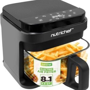 nutrichef 5.8 quart air fryer | 8 1 preset cook modes | transparent fry bowl for best cooking results | cook shrimp, steak, fries, wings, chicken & more | precise temperature control & time | grey