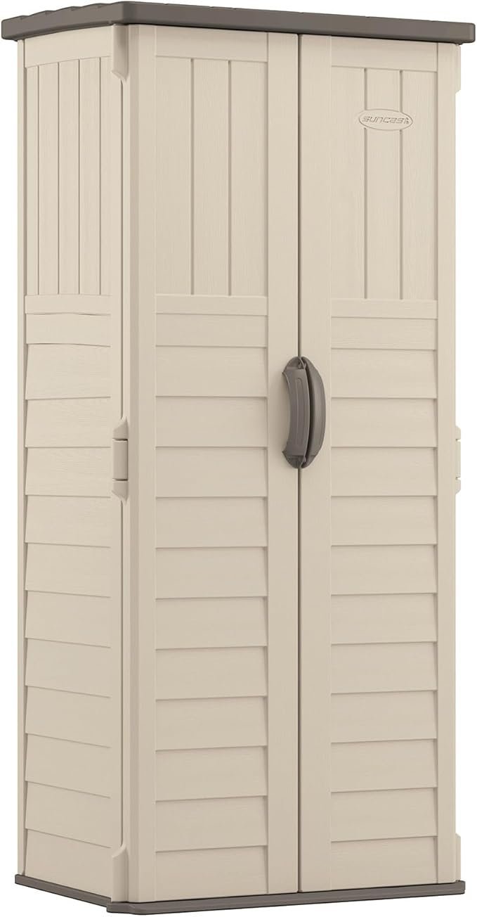 suncast vertical outdoor storage shed with all weather construction, vanilla suncast vertical outdoor storage shed with all weather construction, vanilla