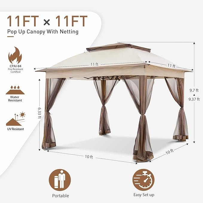 coos bay 11x11 pop up gazebo with mesh netting, instant outdoor canopy tent, water resistant shelter with upf 50+ uv protection, 121 sq ft coverage, beige coos bay 11x11 pop up gazebo with mesh netting, instant outdoor canopy tent, water resistant shelter with upf 50+ uv protection, 121 sq ft coverage, beige