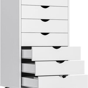 olixis 7 drawer mobile file cabinet under desk storage organization with wheels vertical filing chest rolling wood small desk printer stand for home office, 15.75"d x 18.74"w x 34.25"h, white