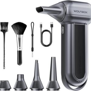 wolfbox mf100 electric air duster 150000rpm super power cordless air duster, rechargeable brushless motor durable blower, 3 gear adjustable dust blower for computer, keyboard, outdoor, house and car