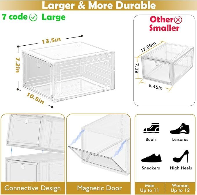 12 pack clear shoe storage organizer with magnetic door,stackable plastic shoe boxes for sneakers,boots,and heels,space saving foldable shoe rack for closet,durable shoe cabinet organizer,white 12 pack clear shoe storage organizer with magnetic door,stackable plastic shoe boxes for sneakers,boots,and heels,space saving foldable shoe rack for closet,durable shoe cabinet organizer,white