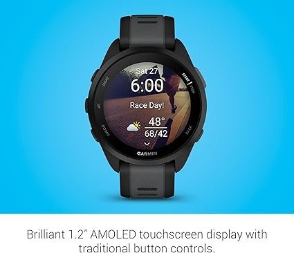 garmin forerunner 165, running smartwatch, colorful amoled display, training metrics and recovery insights, black garmin forerunner 165, running smartwatch, colorful amoled display, training metrics and recovery insights, black