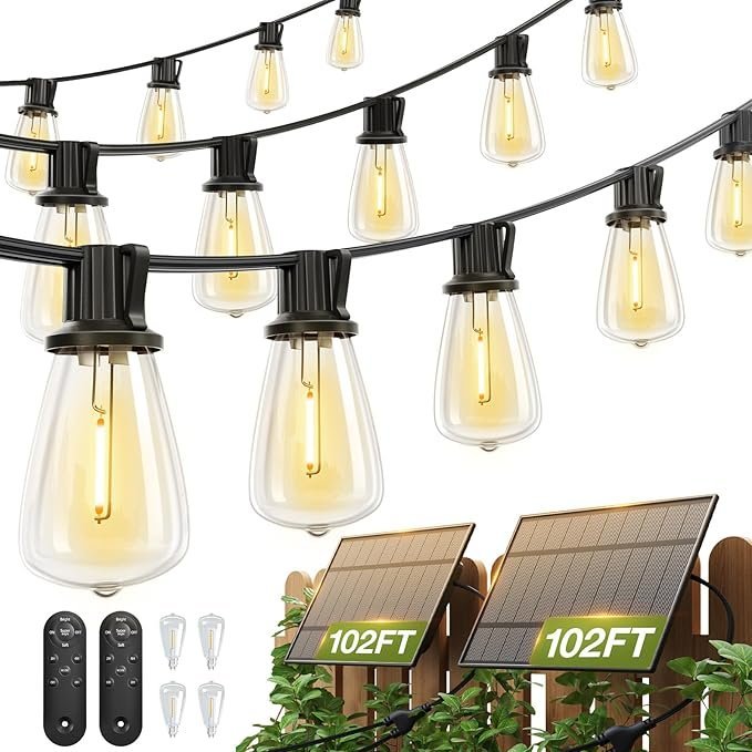 addlon 204ft(2 pack*102ft) solar string lights waterproof, patio lights solar powered with remote & usb port, 3 lighting modes 60+4 led shatterproof bulbs outdoor light for camping backyard garden