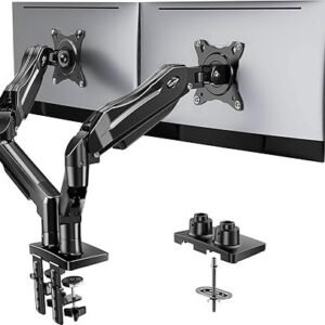 huanuo flowlift dual monitor stand, fully adjustable gaming monitor desk mount for 13–32″ computer screens, full motion vesa 75x75/100x100 with c clamp & grommet base, each arm holds 4.4 to 19.8 lbs