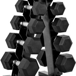 cap barbell rubber coated dumbbell weight set with vertical rack | 100 lb, 150 lb, and 210 lb options