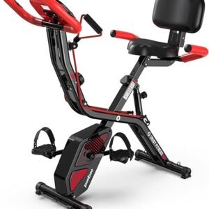 pooboo folding exercise bike, foldable upright stationary bike, indoor cycling magnetic x bike with 8 level adjustable resistance, 6.6 lbs flywheel, 300lb capacity, back support cushion for home gym