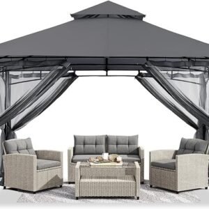 abccanopy gazebos for patios 10x10 outdoor steel frame gazebo with mosquito netting for lawn backyard garden deck (dark gray)