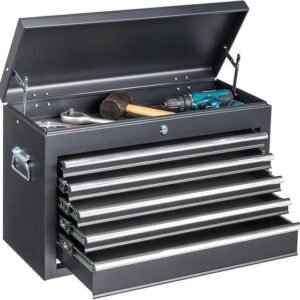 winado 24" portable metal tool box, 5 drawers toolbox with top storage tray, carry handle, ball bearing runners, lockable tool chest cabinet for garage, warehouse, repair shop & home, black