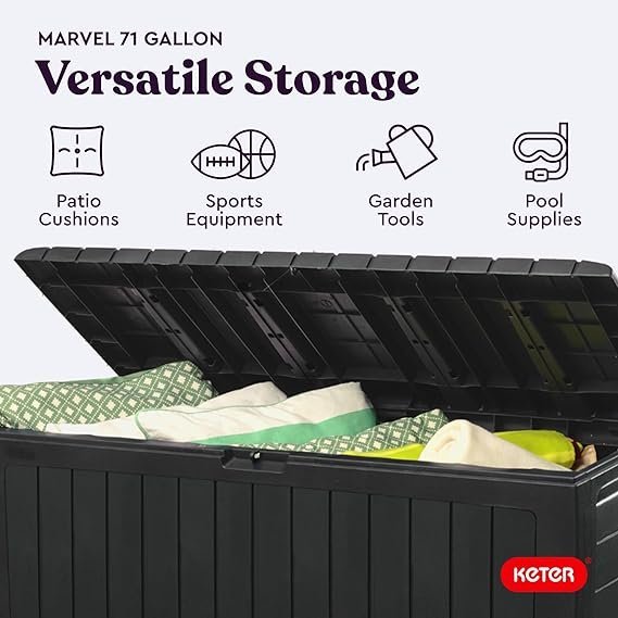 keter marvel plus 71 gallon resin deck box organization and storage for patio furniture outdoor cushions, throw pillows, garden tools and pool toys, dark grey keter marvel plus 71 gallon resin deck box organization and storage for patio furniture outdoor cushions, throw pillows, garden tools and pool toys, dark grey