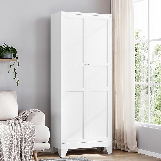 yizosh metal pantry cabinet, 75" kitchen pantry with 2 door and 4 adjustable shelves,white metal pantry storage cabinet,cupboard for kitchen,dining room,living room and bathroom