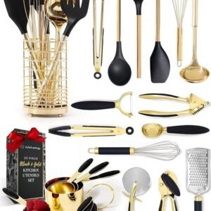 black and gold kitchen utensils set 23 piece luxury kitchen accessories includes gold measuring cups, spoons, silicone cooking utensils and tools for baking, cooking, and stylish kitchen decor