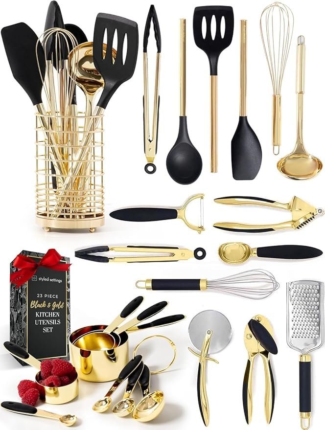 black and gold kitchen utensils set 23 piece luxury kitchen accessories includes gold measuring cups, spoons, silicone cooking utensils and tools for baking, cooking, and stylish kitchen decor black and gold kitchen utensils set 23 piece luxury kitchen accessories includes gold measuring cups, spoons, silicone cooking utensils and tools for baking, cooking, and stylish kitchen decor