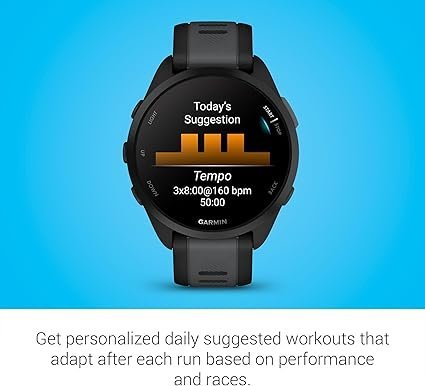 garmin forerunner 165, running smartwatch, colorful amoled display, training metrics and recovery insights, black garmin forerunner 165, running smartwatch, colorful amoled display, training metrics and recovery insights, black
