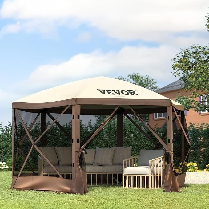 vevor pop up gazebo screen tent, pop up instant gazebo tents with mosquito netting outdoor canopy, 6 sided sun shelter 10x10ft with 6 removable wind cloths & 2 mesh windows, pavilion tent for patio