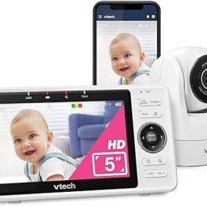 vtech vm901 smart wifi baby monitor with 1080p fhd camera and 5" hd ips display, free app, remote pan tilt zoom, night vision, motion detection alerts
