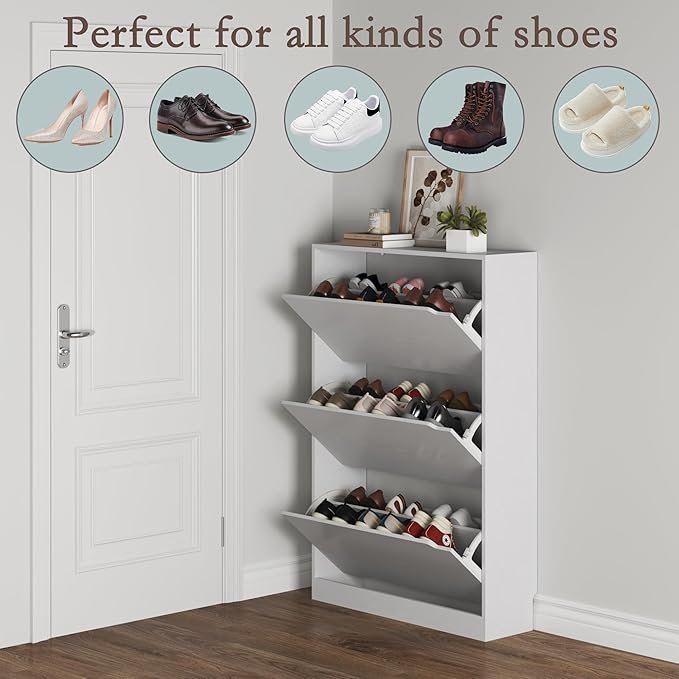 bornoon shoe cabinet with 3 flip drawers, hidden wood shoe cabinet,freestanding shoe storage cabinet for entryway hallway.white. 47.2" h*31.5" w*9.45" d. bornoon shoe cabinet with 3 flip drawers, hidden wood shoe cabinet,freestanding shoe storage cabinet for entryway hallway.white. 47.2" h*31.5" w*9.45" d.