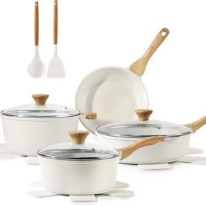 sensarte nonstick ceramic cookware set, 13 piece non toxic pots and pans set, healthy kitchen cooking set with stay cool handles, silicone tools and pot protectors, pfas free