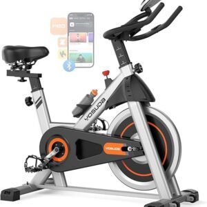 yosuda exercise bike, brake pad stationary bike for home with exclusive app, magnetic indoor cycling bike with 300 lb weight capacity, low noise, tablet holder and fitness courses for weight loss