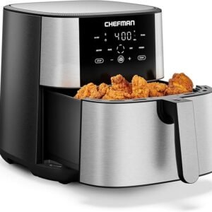chefman air fryer 8 qt | turbofry® 4 in 1 with 450°f hi fry option for crispier results | bake, dehydrate, frozen | xl nonstick dishwasher safe basket | stainless steel