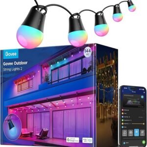 govee smart outdoor string lights 2, 144ft outdoor lights with dimmable warm white led bulbs, 47 scene modes for patio, backyard, balcony, ip65 waterproof, works with alexa, app control
